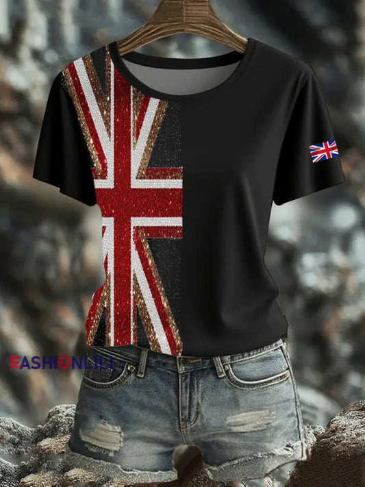 Women’s British imitation diamond hot drilling Printed short sleeved T shirt Black / S