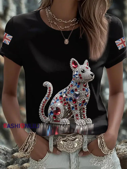 Women’s British imitation diamond hot drilling Printed short sleeved T shirt Black / S
