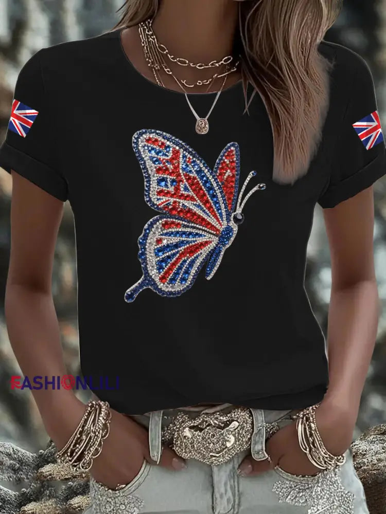 Women’s British imitation diamond hot drilling Printed short sleeved T shirt Black / S