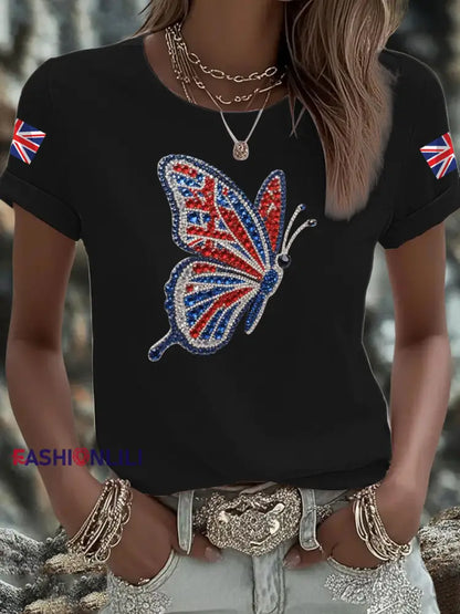 Women’s British imitation diamond hot drilling Printed short sleeved T shirt Black / S