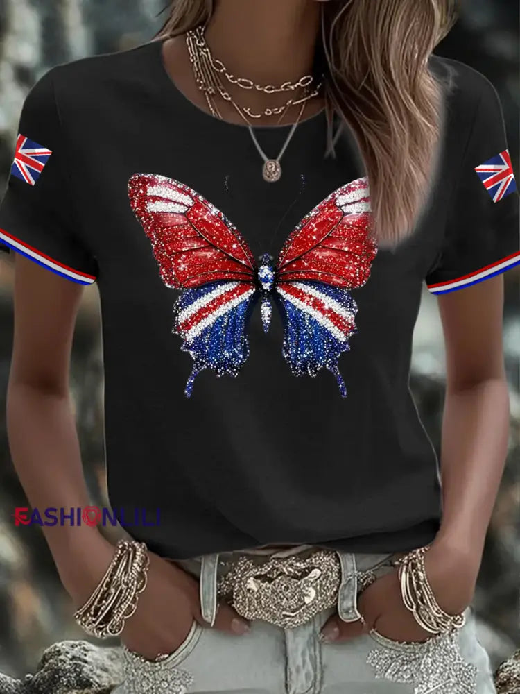 Women’s British imitation diamond hot drilling Printed short sleeved T shirt Black / S