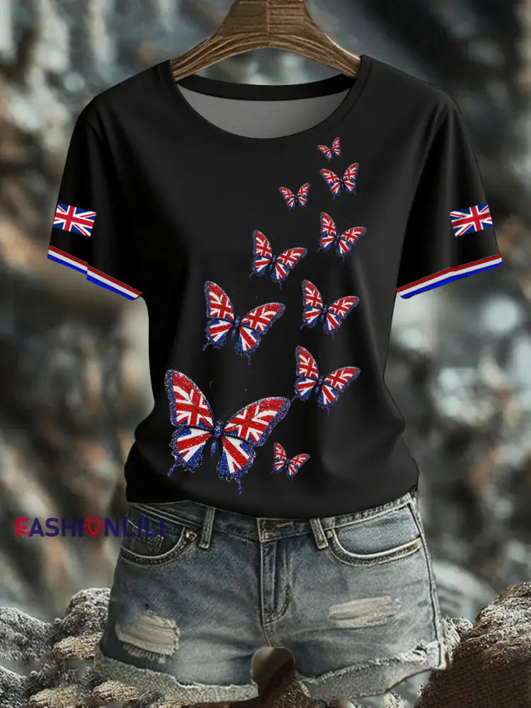 Women’s British imitation diamond hot drilling Printed short sleeved T shirt Black / S