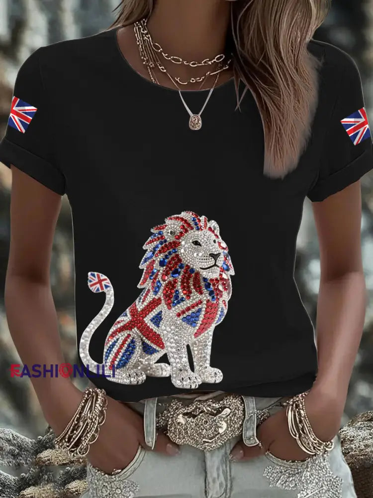 Women’s British imitation diamond hot drilling Printed short sleeved T shirt Black / S