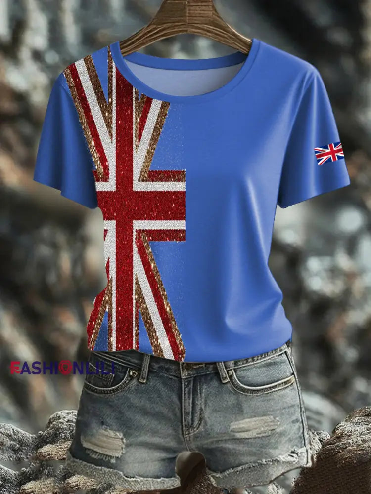 Women’s British imitation diamond hot drilling Printed short sleeved T shirt Blue / S