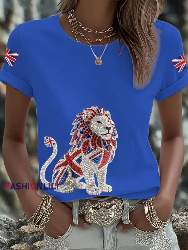 Women’s British imitation diamond hot drilling Printed short sleeved T shirt Blue / S