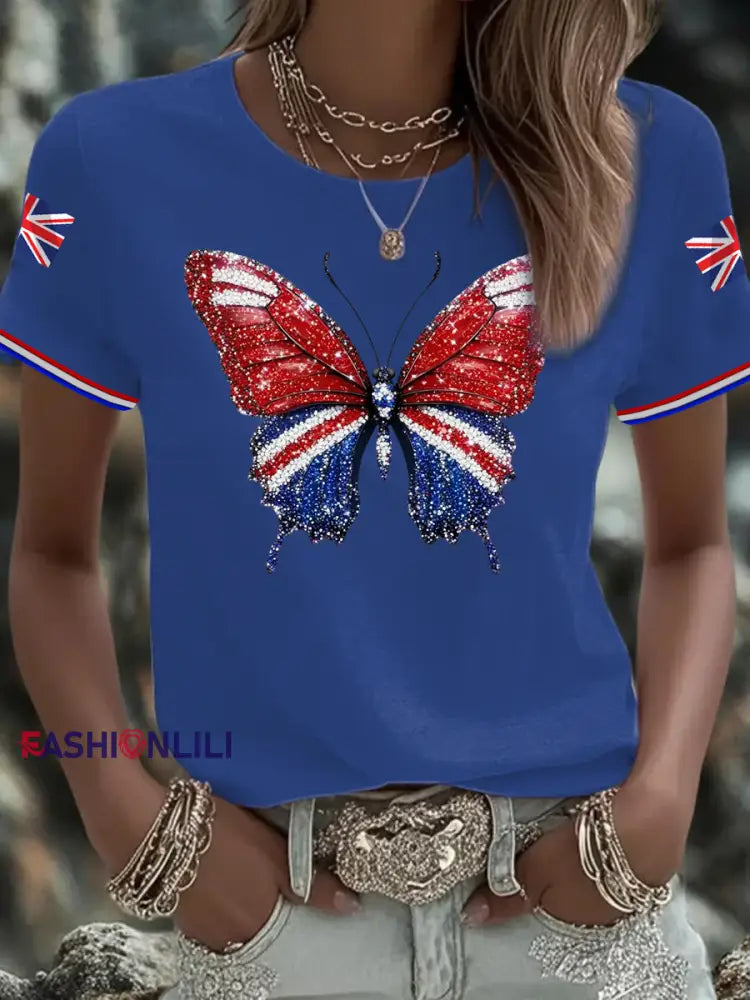 Women’s British imitation diamond hot drilling Printed short sleeved T shirt Blue / S