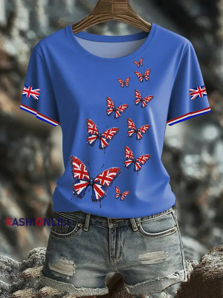 Women’s British imitation diamond hot drilling Printed short sleeved T shirt Blue / S
