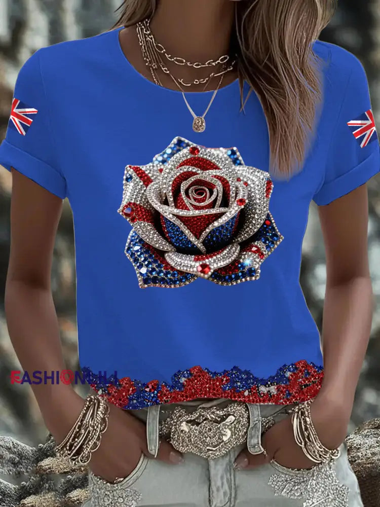 Women’s British imitation diamond hot drilling Printed short sleeved T shirt Blue / S