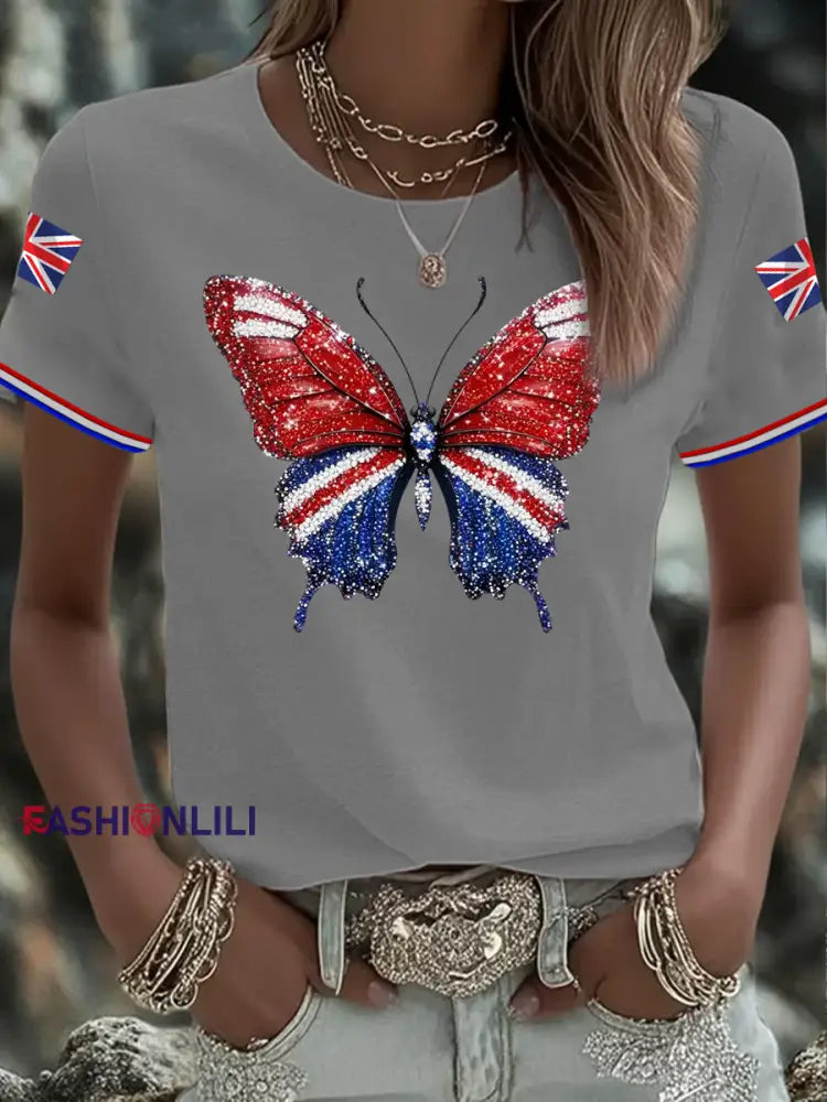 Women’s British imitation diamond hot drilling Printed short sleeved T shirt Light Gray / S