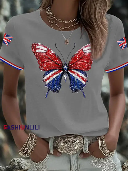 Women’s British imitation diamond hot drilling Printed short sleeved T shirt Light Gray / S