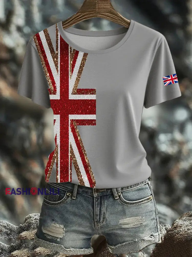 Women’s British imitation diamond hot drilling Printed short sleeved T shirt Light Gray / S