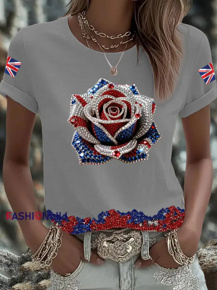Women’s British imitation diamond hot drilling Printed short sleeved T shirt Light Gray / S