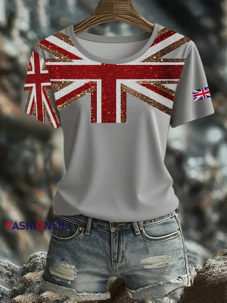 Women’s British imitation diamond hot drilling Printed short sleeved T shirt Light Gray / S