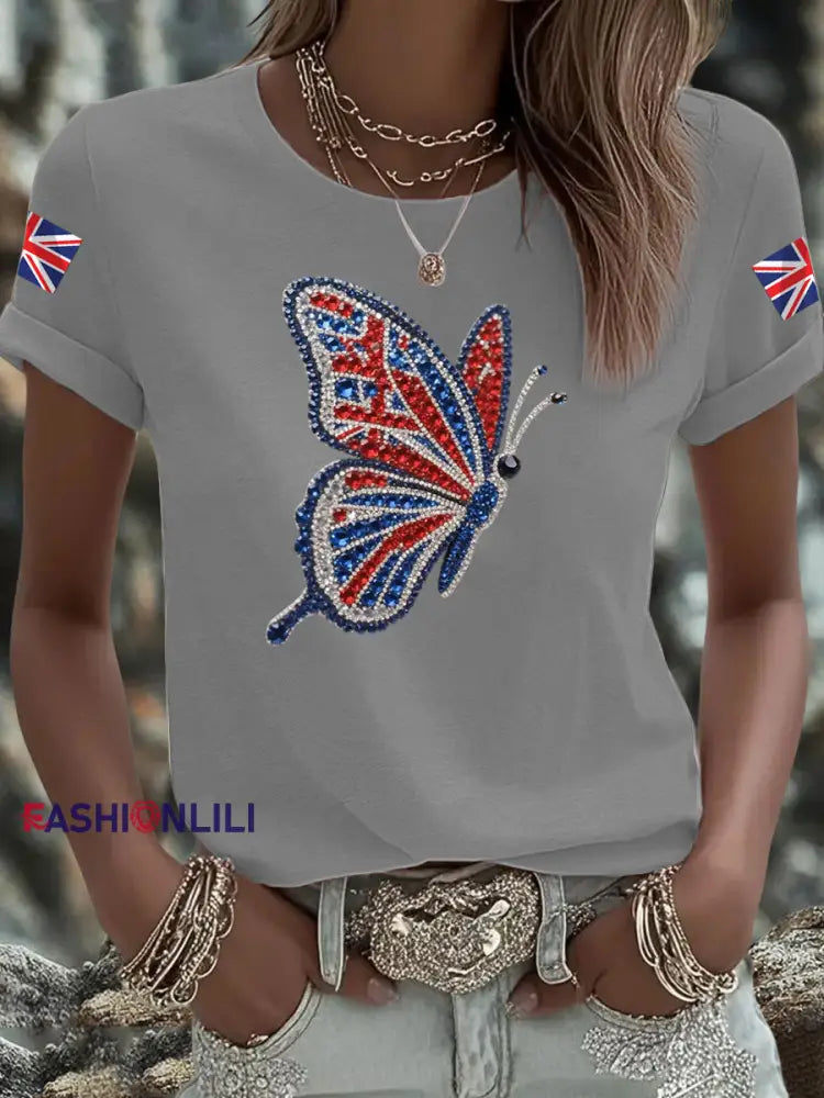 Women’s British imitation diamond hot drilling Printed short sleeved T shirt Light Gray / S