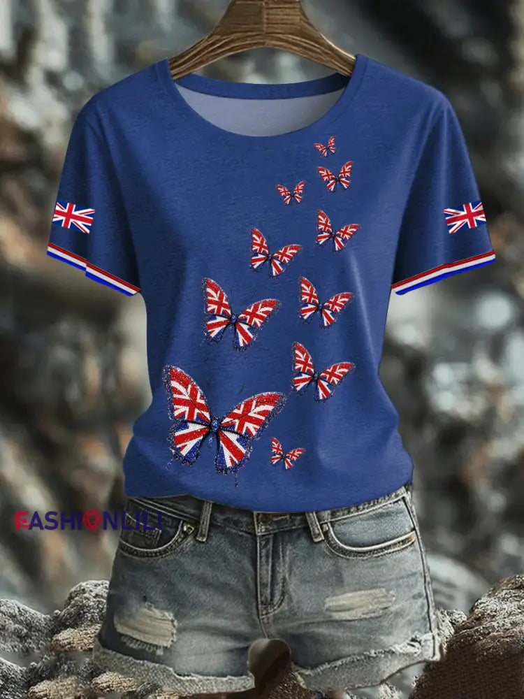 Women’s British imitation diamond hot drilling Printed short sleeved T shirt Navy Blue / S