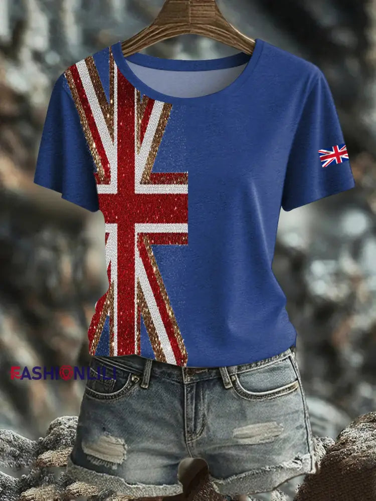 Women’s British imitation diamond hot drilling Printed short sleeved T shirt Navy Blue / S