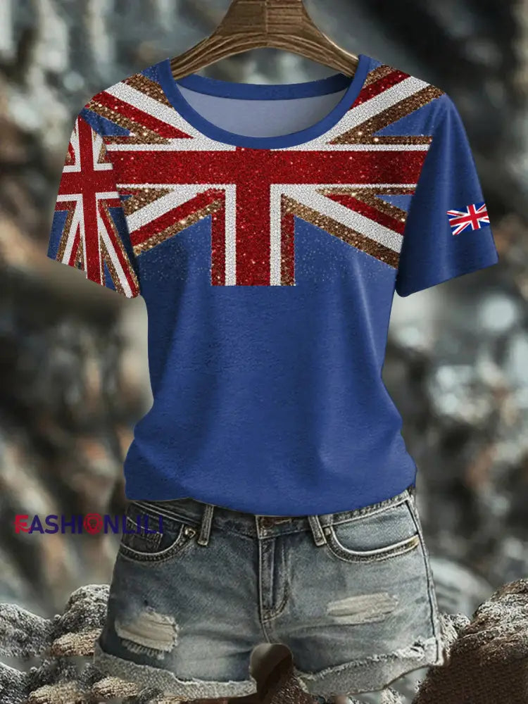 Women’s British imitation diamond hot drilling Printed short sleeved T shirt Navy Blue / S