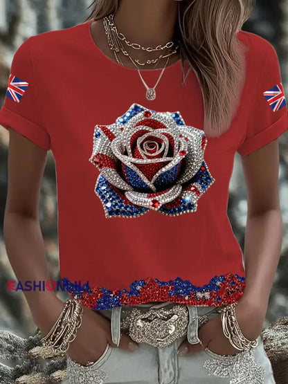 Women’s British imitation diamond hot drilling Printed short sleeved T shirt Red / S