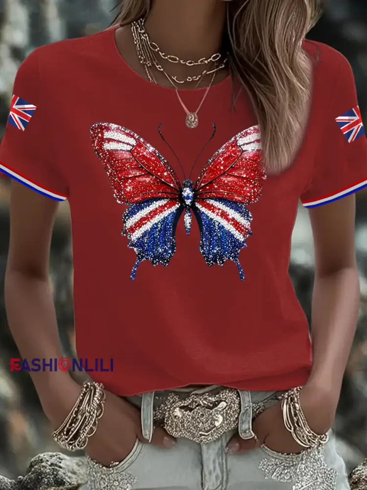 Women’s British imitation diamond hot drilling Printed short sleeved T shirt Red / S