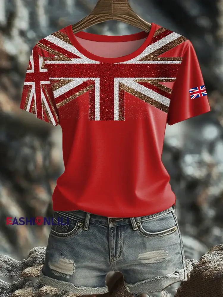 Women’s British imitation diamond hot drilling Printed short sleeved T shirt Red / S