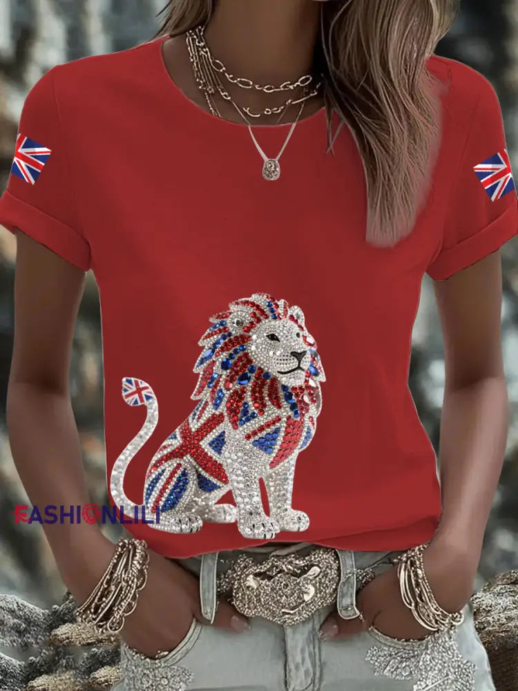 Women’s British imitation diamond hot drilling Printed short sleeved T shirt Red / S