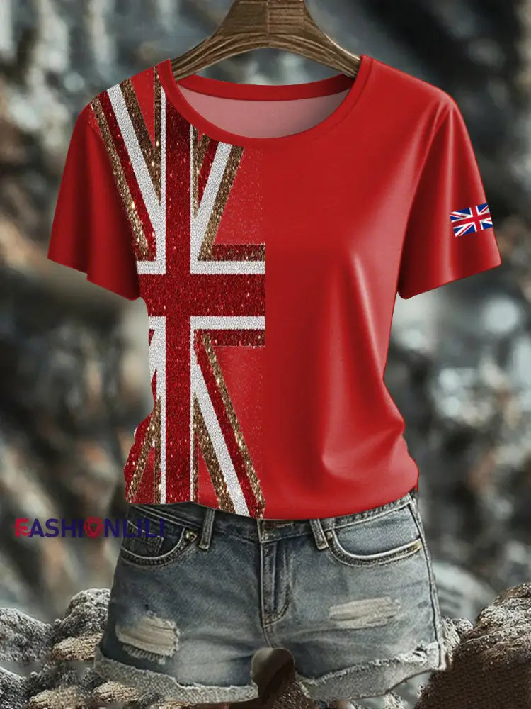 Women’s British imitation diamond hot drilling Printed short sleeved T shirt Red / S