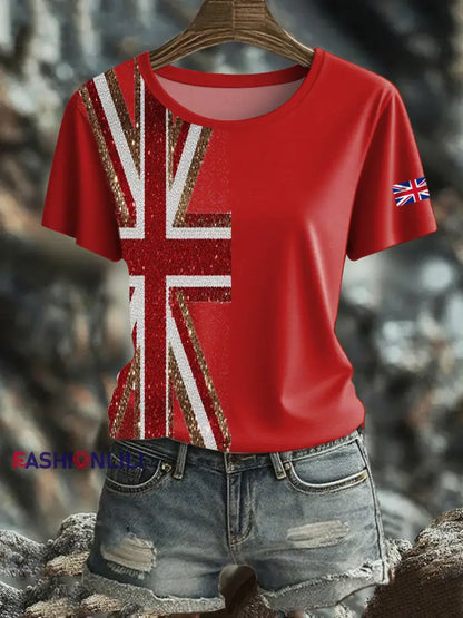 Women’s British imitation diamond hot drilling Printed short sleeved T shirt Red / S