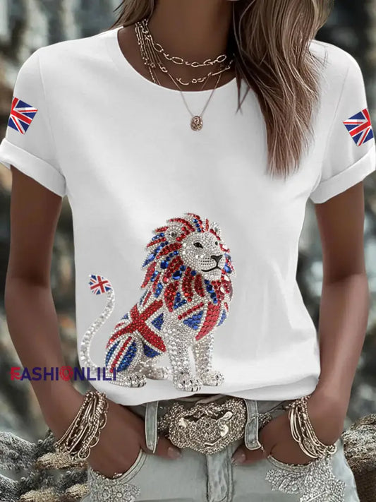 Women’s British imitation diamond hot drilling Printed short sleeved T shirt White / S