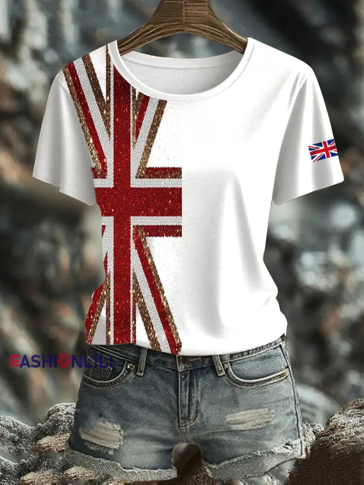 Women’s British imitation diamond hot drilling Printed short sleeved T shirt White / S