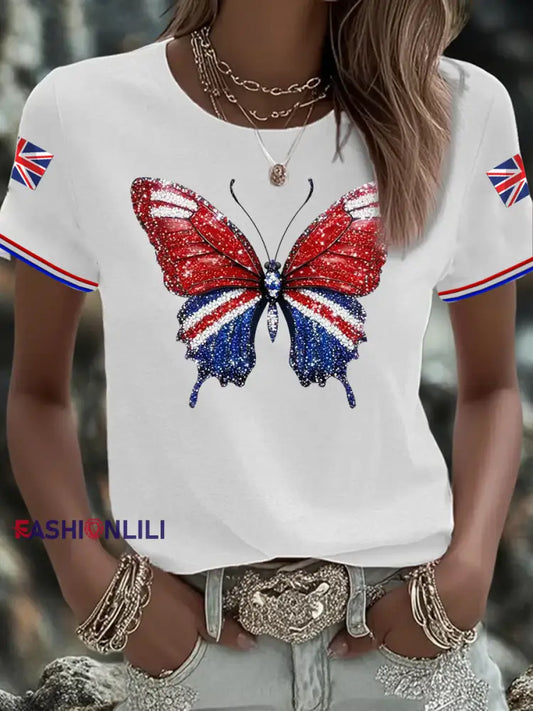 Women’s British imitation diamond hot drilling Printed short sleeved T shirt White / S