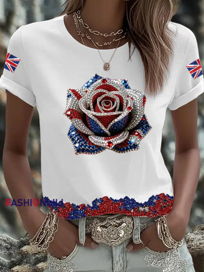 Women’s British imitation diamond hot drilling Printed short sleeved T shirt White / S