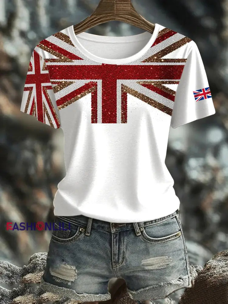 Women’s British imitation diamond hot drilling Printed short sleeved T shirt White / S