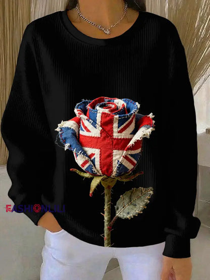 Women’s british patchwork Rose Printed Ribbed Round-Neck Sweatshirt Black / S