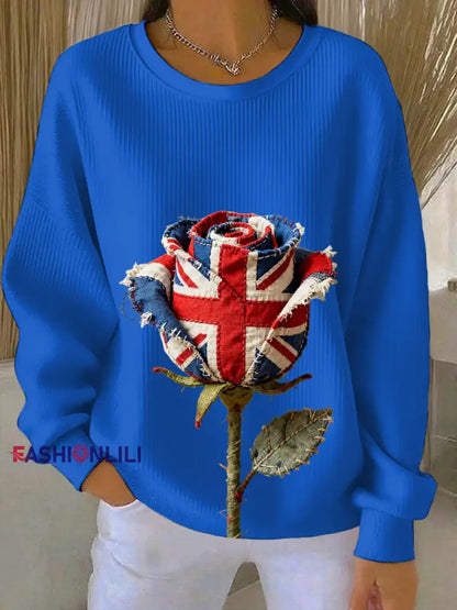 Women’s british patchwork Rose Printed Ribbed Round-Neck Sweatshirt Blue / S