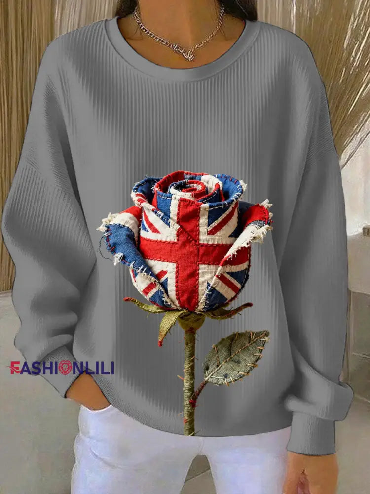 Women’s british patchwork Rose Printed Ribbed Round-Neck Sweatshirt Gray / S