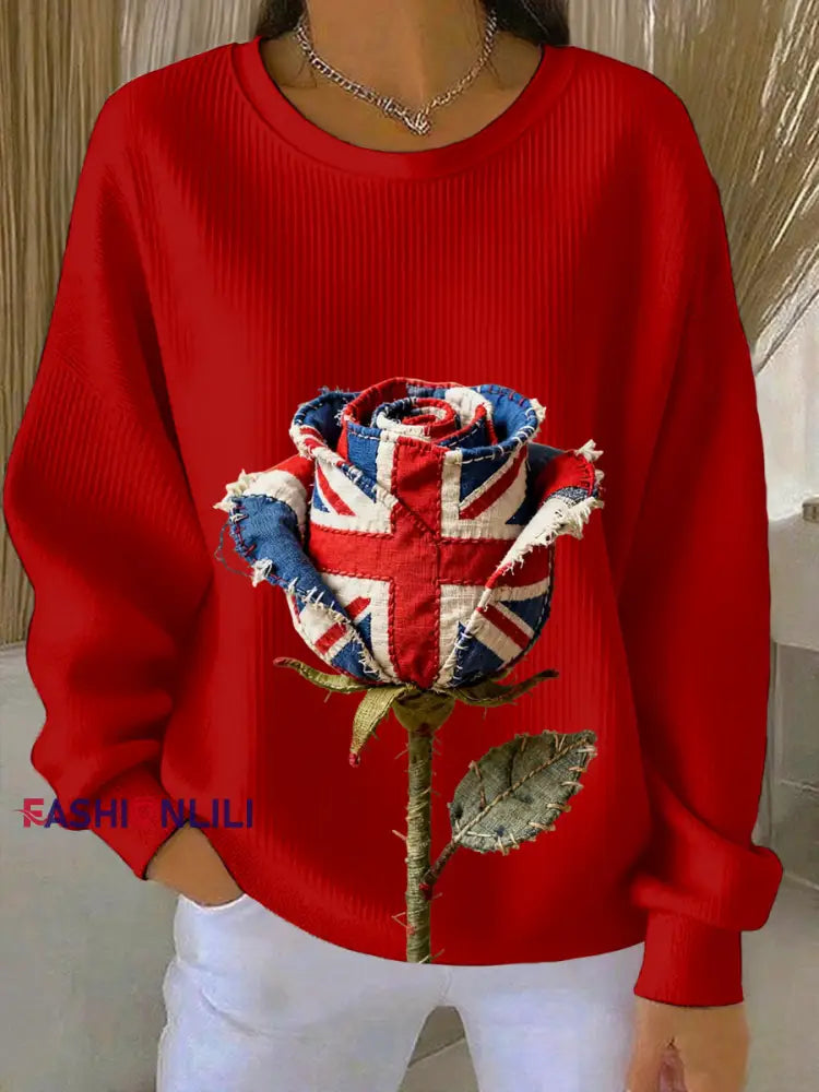 Women’s british patchwork Rose Printed Ribbed Round-Neck Sweatshirt Red / S
