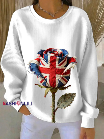 Women’s british patchwork Rose Printed Ribbed Round-Neck Sweatshirt White / S