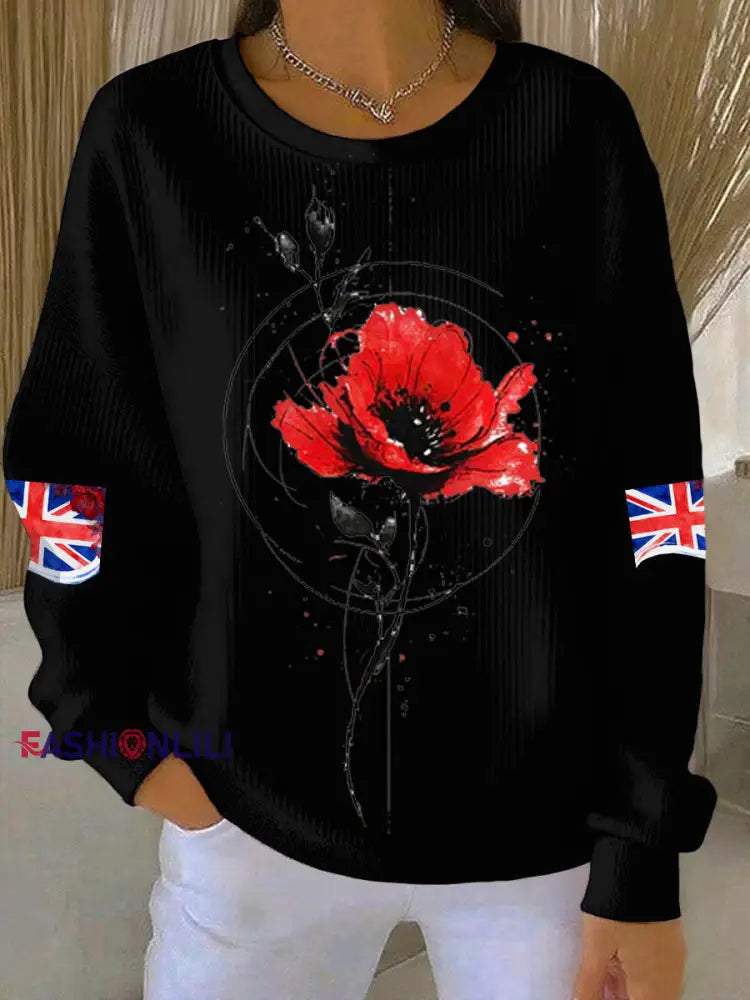 Women’s British Popph Print Ribbed Round-Neck Sweatshirt Black / S