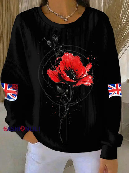 Women’s British Popph Print Ribbed Round-Neck Sweatshirt Black / S