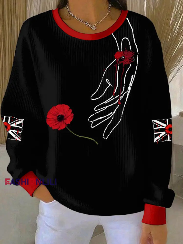 Women’s British Popph Print Ribbed Round-Neck Sweatshirt Black / S