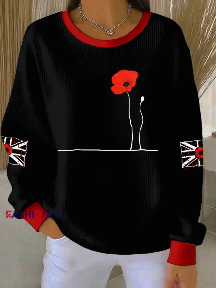 Women’s British Popph Print Ribbed Round-Neck Sweatshirt Black / S