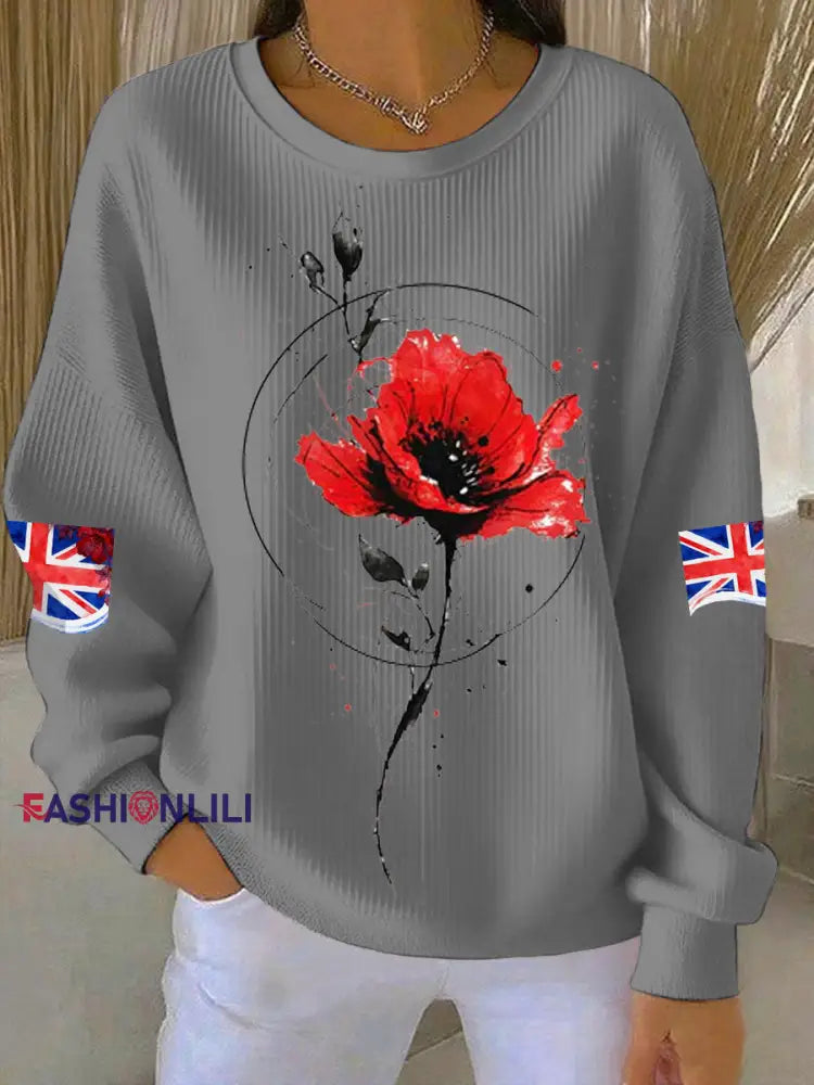 Women’s British Popph Print Ribbed Round-Neck Sweatshirt Gray / S