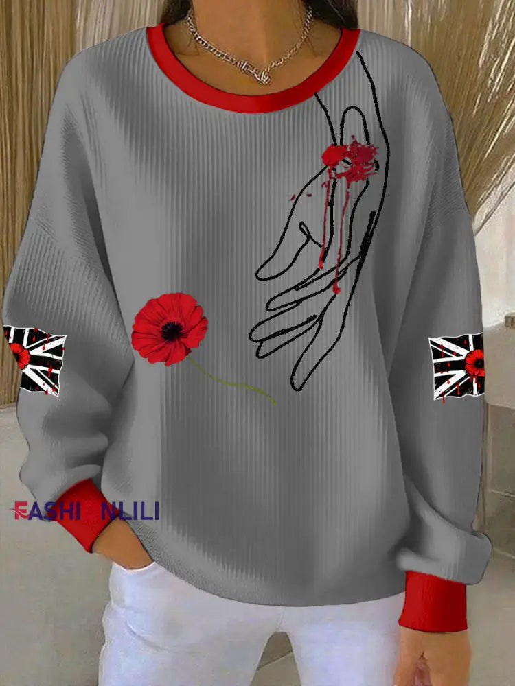 Women’s British Popph Print Ribbed Round-Neck Sweatshirt Gray / S