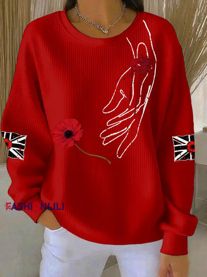 Women’s British Popph Print Ribbed Round-Neck Sweatshirt Red / S