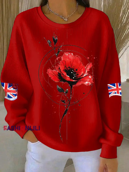 Women’s British Popph Print Ribbed Round-Neck Sweatshirt Red / S
