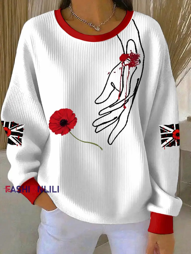 Women’s British Popph Print Ribbed Round-Neck Sweatshirt White / S