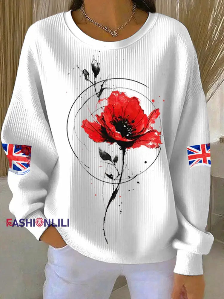Women’s British Popph Print Ribbed Round-Neck Sweatshirt White / S