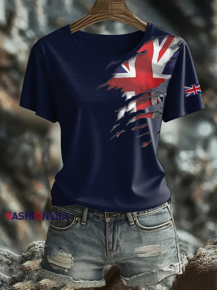 Women’s British Printed short sleeved T shirt Navy Blue / S