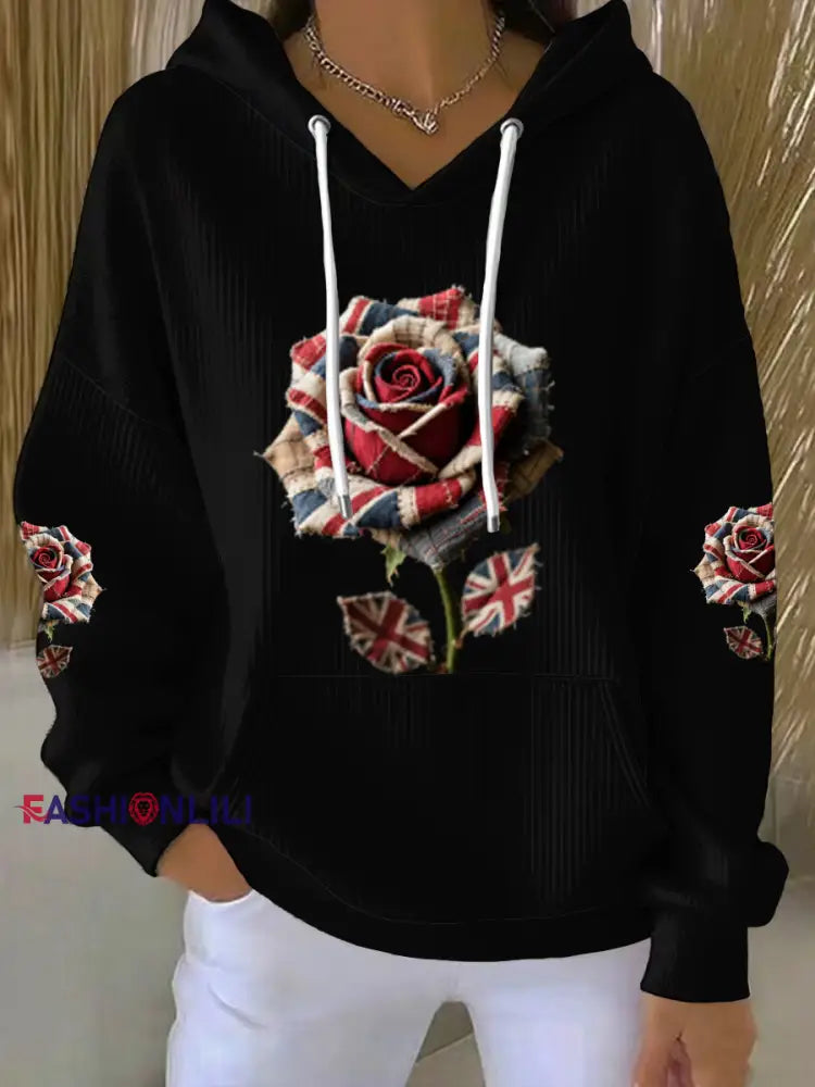 Women’s British Rose Printed Hoodie Black / S