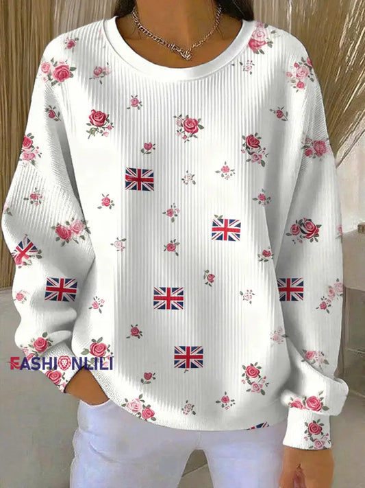 Women’s British Rose Printed Ribbed Round-Neck Sweatshirt As picture / S